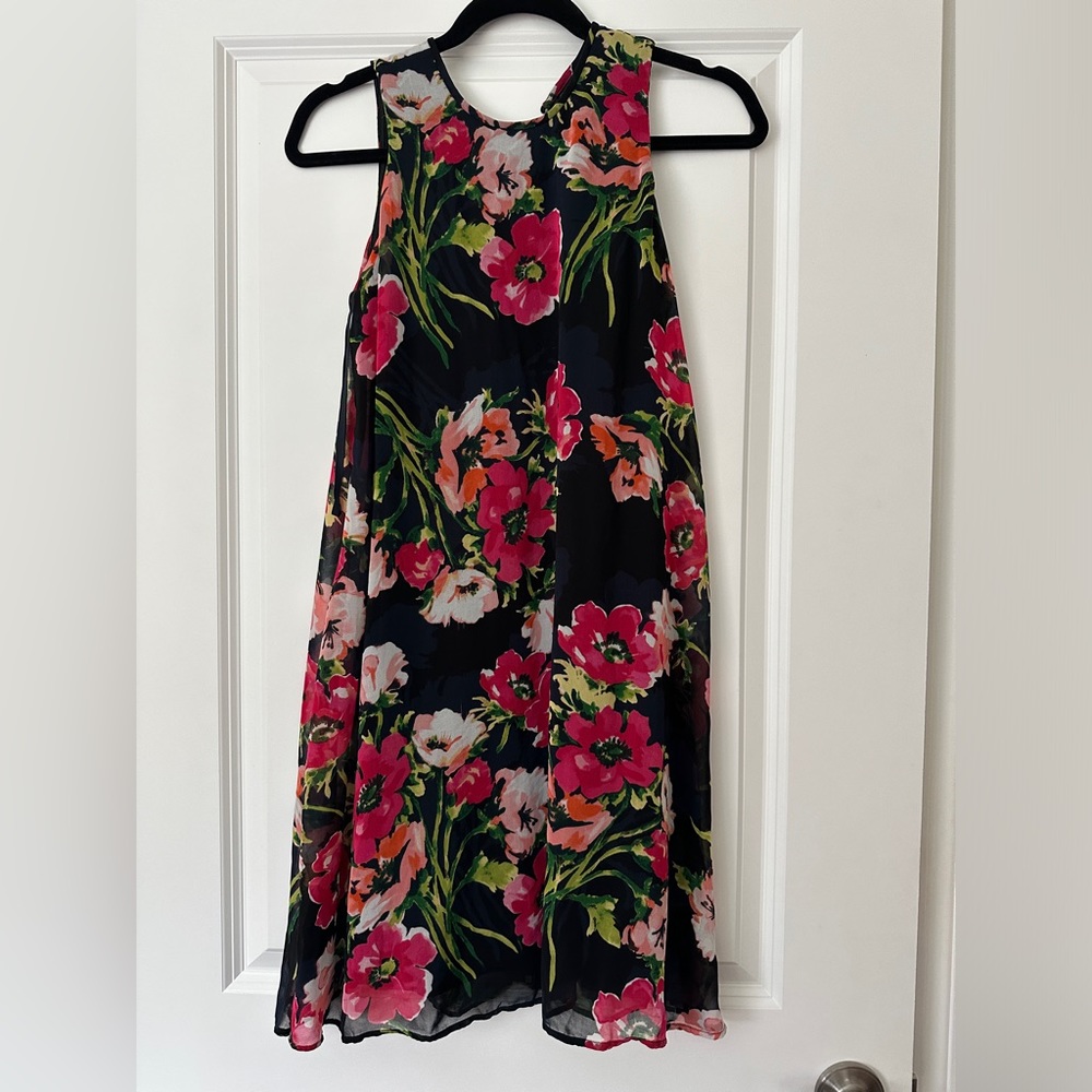 Tommy Hilfiger Womens Floral Chiffon Trapeze Dress Sleeveless Black Pink Size 4